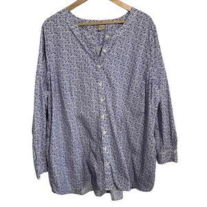 Duluth Trading Womens 2X Wrinklefighter Tunic Top Purple Floral Blouse Button Up